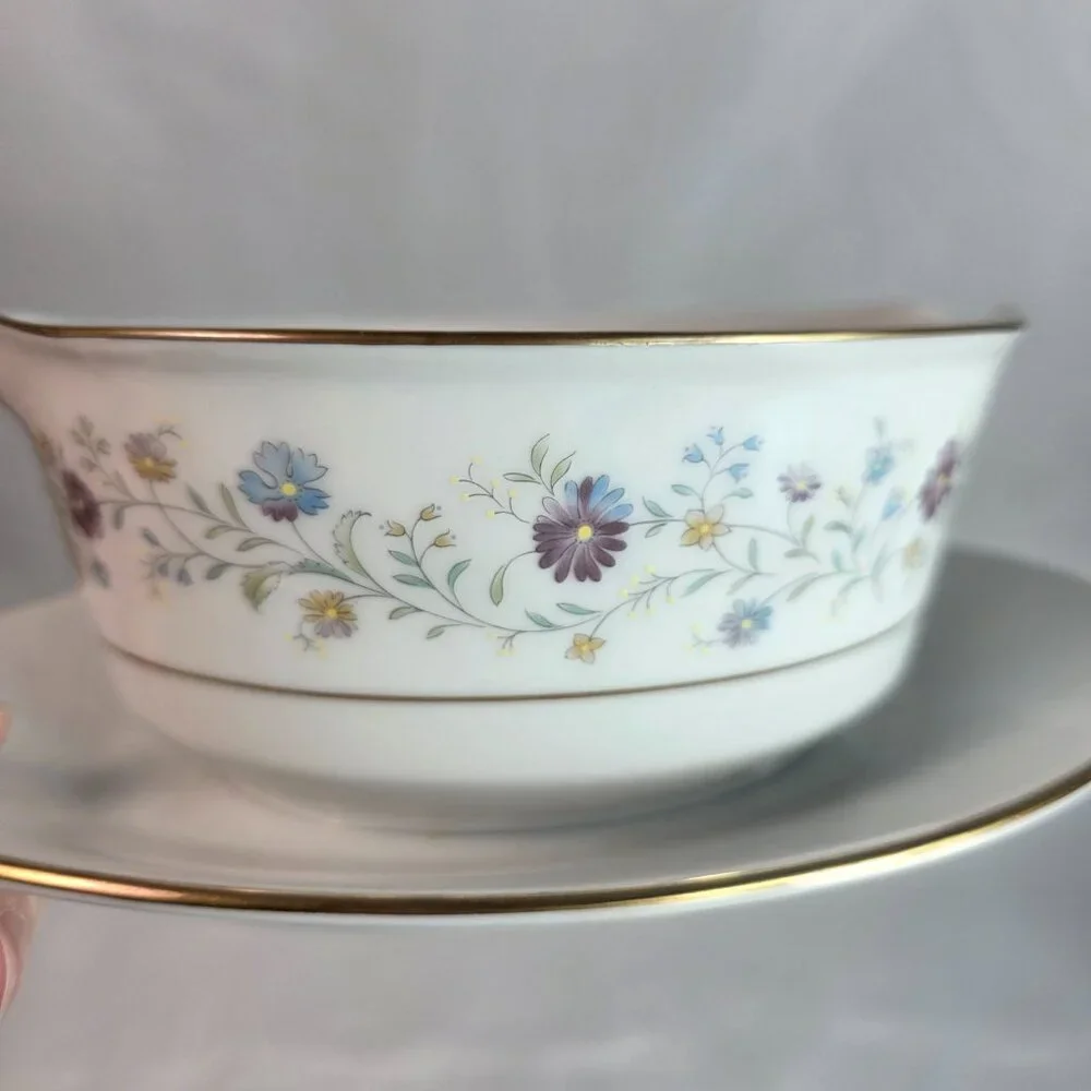 Noritake Longwood #2485 Gravy Boat with Underplate Purple, Blue & Yellow Flowers